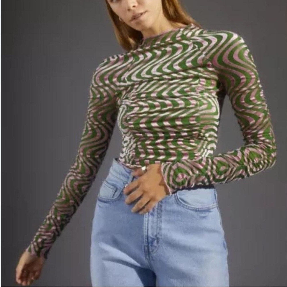 Urban Outfitters Pink and Green Swirl Scrunch Velvet Long Sleeve Top Size XS